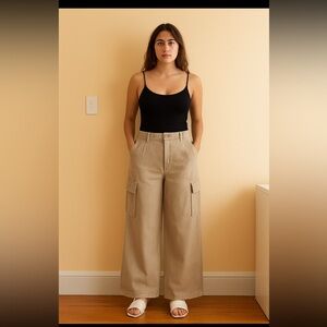 American Eagle Super High Rise Wide Leg Pants Woman 18 SHORT Tan Neutral Lyocell